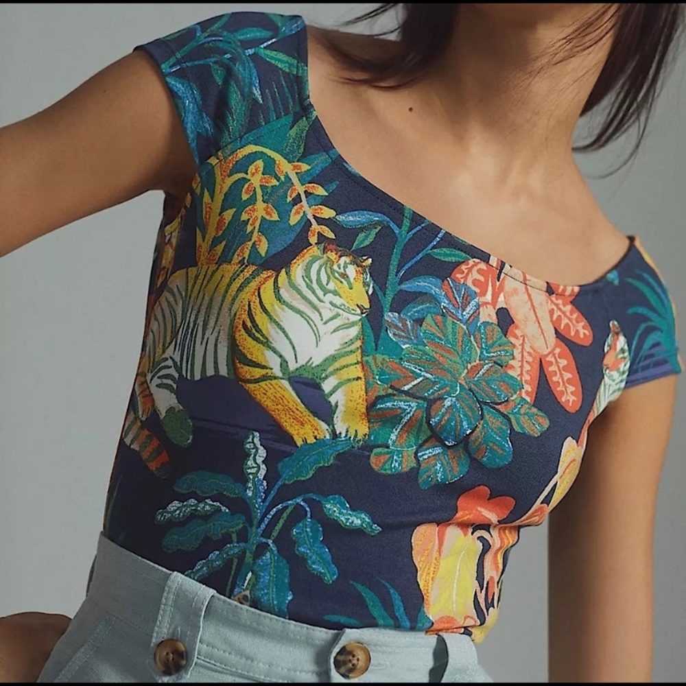 Anthropologie Tiger Print Off-Shoulder Knit Top